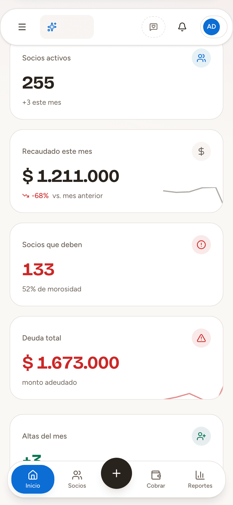 Clubbi en el celular: socios activos, recaudado del mes, socios que deben y deuda total